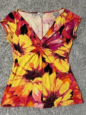 Cache Vintage 2000s Floral Twist-Front Short Sleeve Top